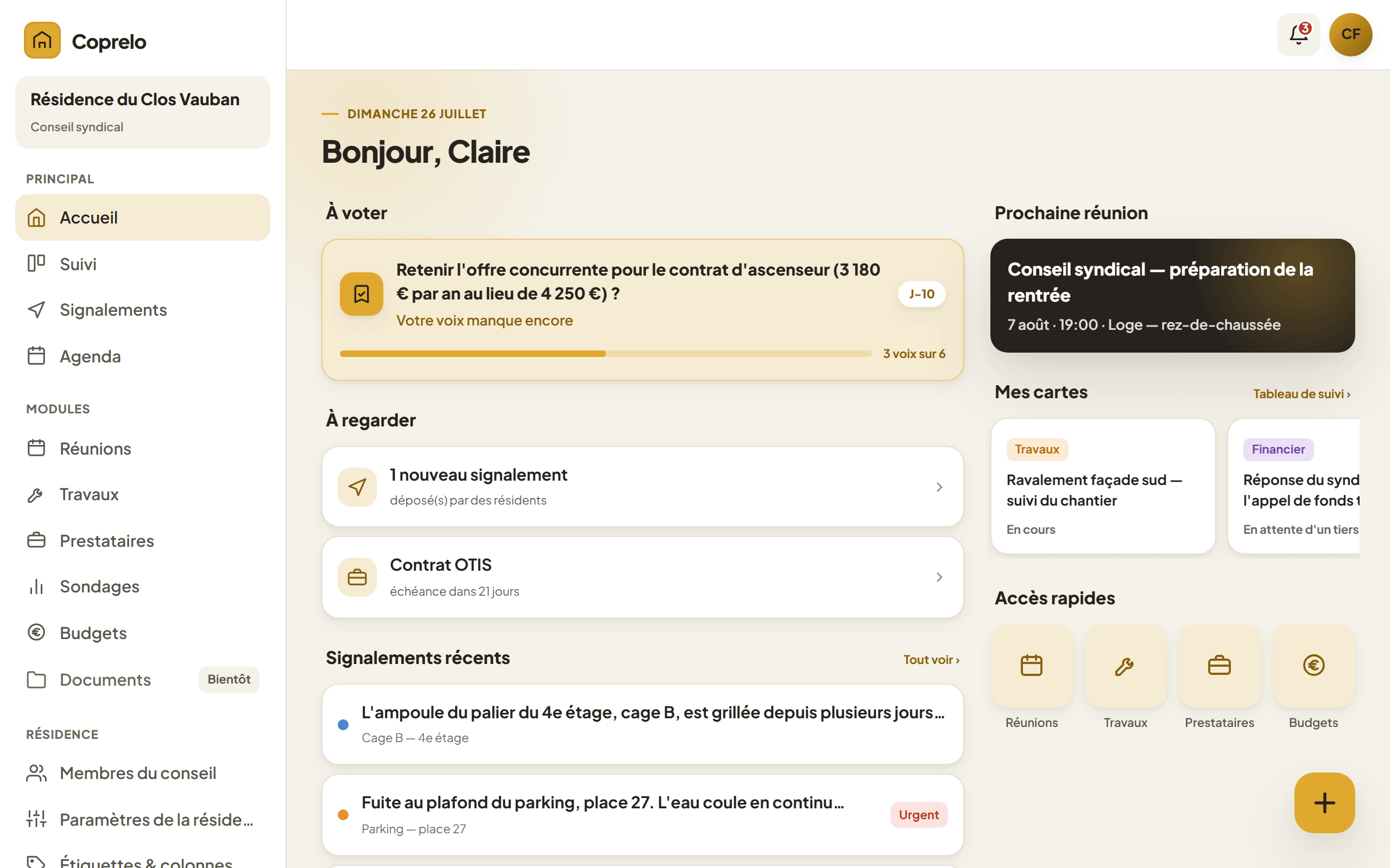 L'accueil de Coprelo sur ordinateur : à gauche une barre latérale listant les modules du conseil, au centre un vote en cours avec sa jauge de participation, les signalements récents et un contrat arrivant à échéance, à droite la prochaine réunion du conseil et les cartes suivies par l'utilisateur.