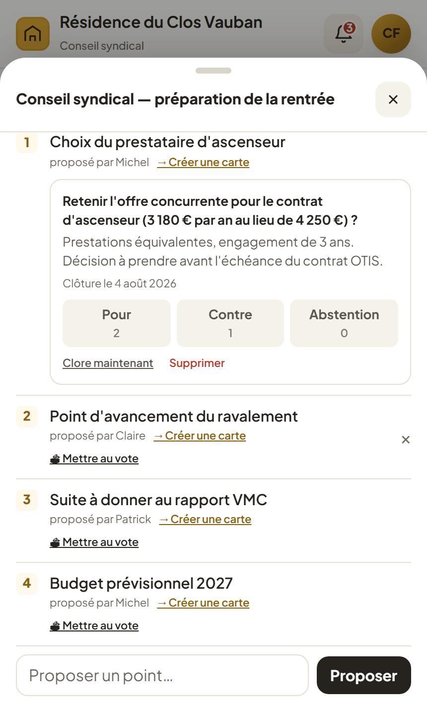 L'ordre du jour d'une réunion de conseil syndical dans Coprelo, avec un point mis au vote : la question, sa date de clôture et le décompte des voix pour, contre et abstention.